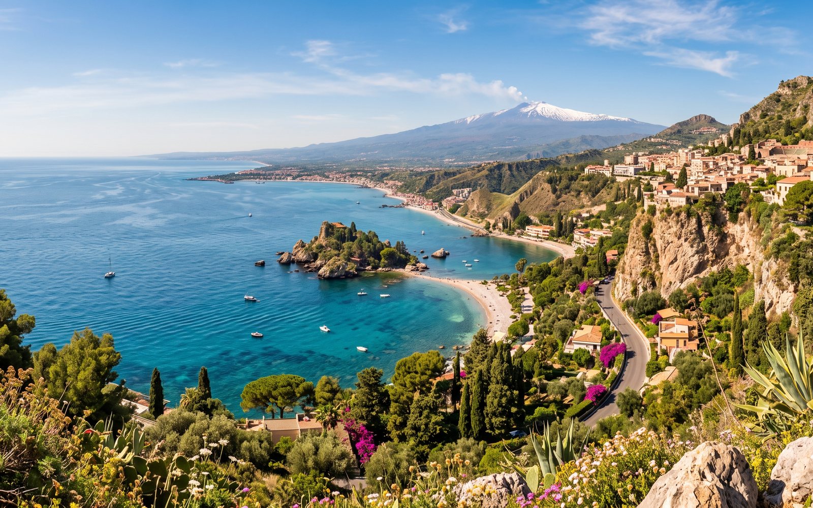 Blick auf Taormina, die Bucht von Isola Bella und den Ätna auf Sizilien